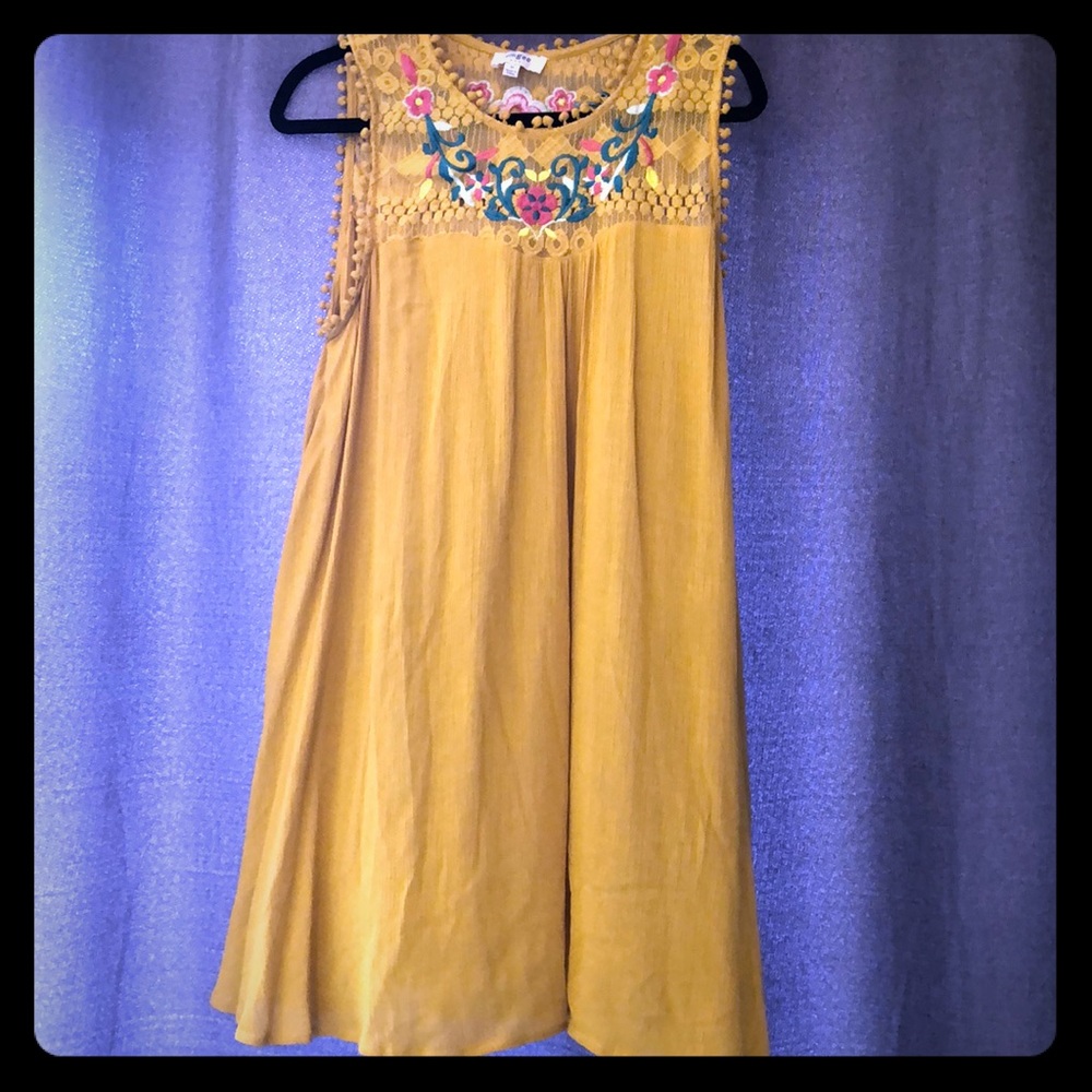 Umgee Mustard Swing Dress with Embroidered Details